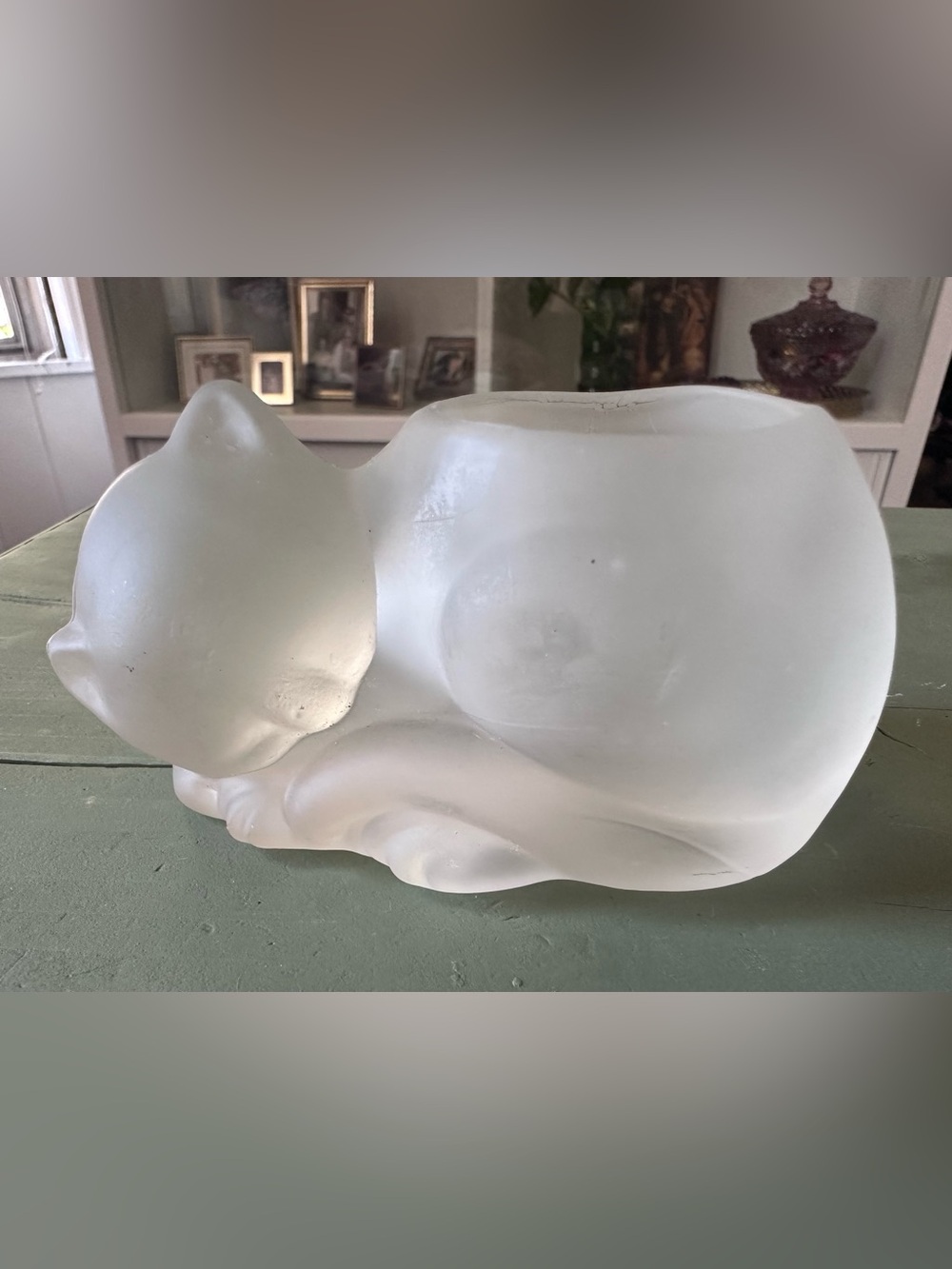 Vintage Votive Sleeping Kitty Candle Holder - Frosted Glass